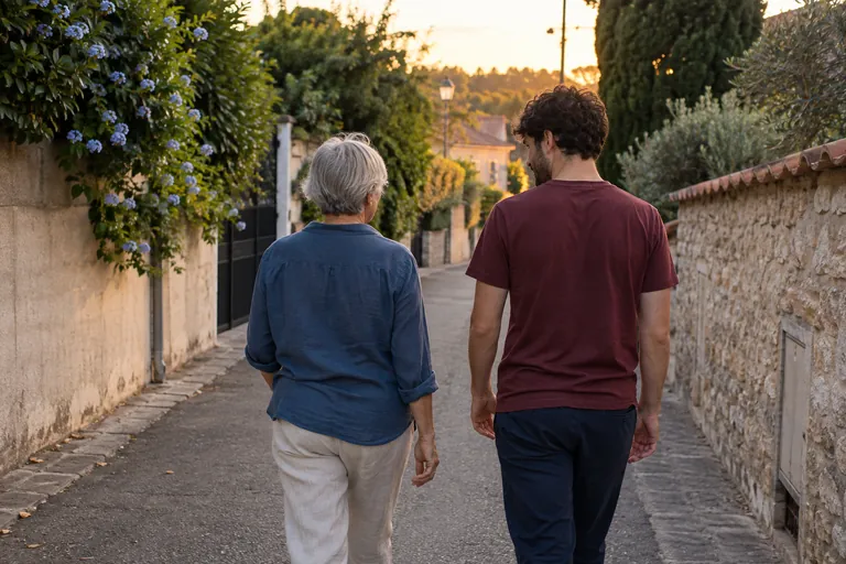 Deux adultes vus de dos marchent côte à côte dans une ruelle.