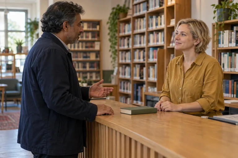 Un homme et une femme échangent de part et d’autre du comptoir d’une bibliothèque.