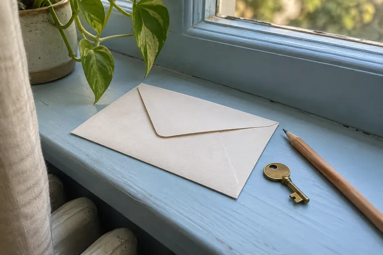 Une enveloppe fermée, une clé et un crayon reposent sur un rebord de fenêtre.