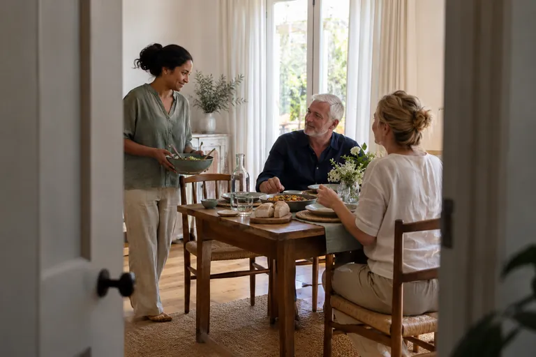 Une femme portant un saladier échange avec deux adultes assis à une table.