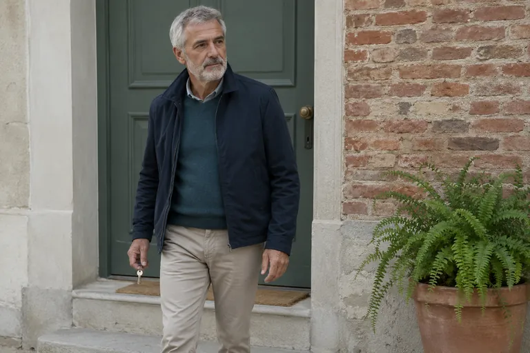 Un homme aux cheveux gris tient ses clés devant une porte d’entrée