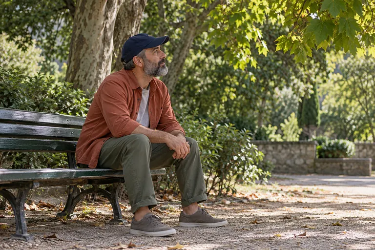 Un homme portant une casquette est assis sur un banc et regarde les arbres autour de lui