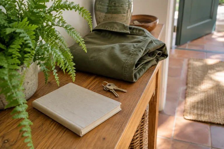 Une veste, des clés et un carnet fermé reposent sur un meuble d’entrée