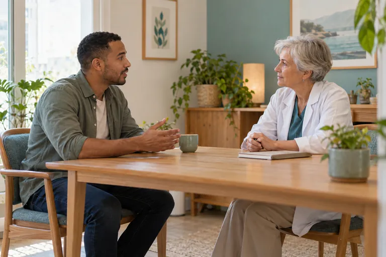 Un patient adulte échange avec une professionnelle de santé dans un cabinet