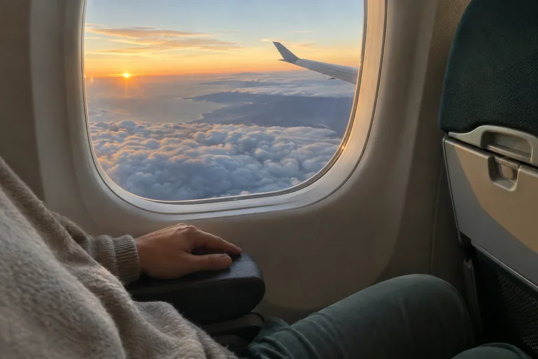 Vue par le hublot d’un avion sur une mer de nuages au lever du soleil, la main d’un passager posée sur l’accoudoir