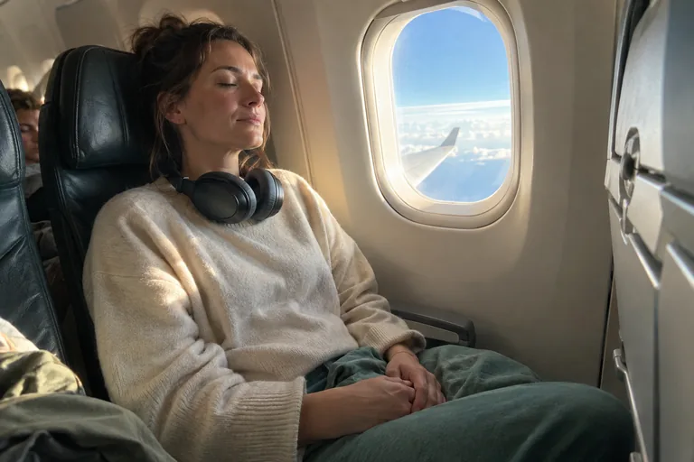 Une femme assise côté hublot dans un avion, les yeux fermés, les mains posées sur ses genoux