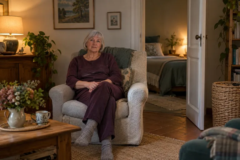 Une femme aux cheveux gris est assise dans un fauteuil près d’une chambre éclairée doucement
