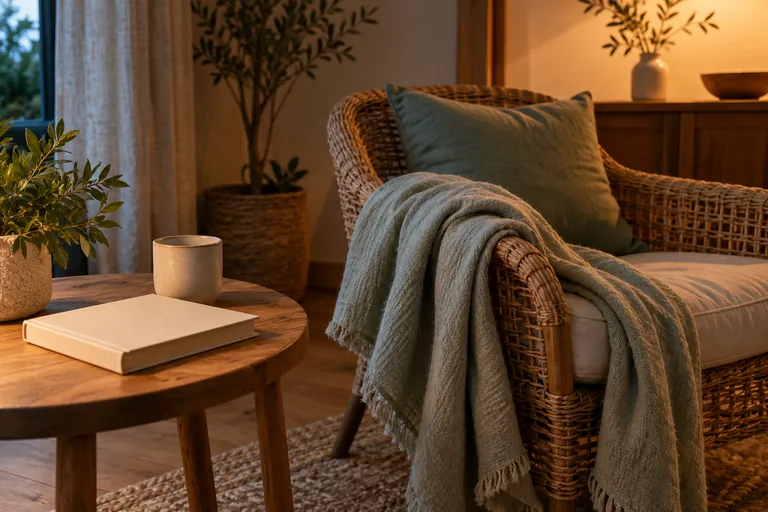 Un livre fermé, un plaid et une tasse sont posés près d’un fauteuil