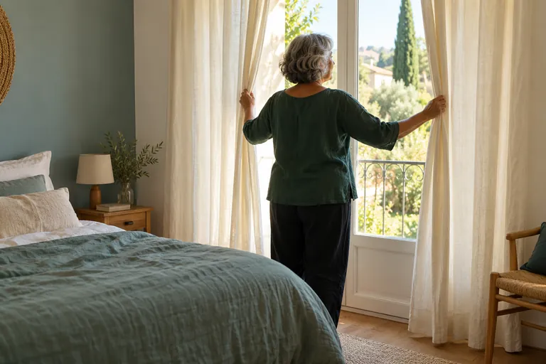Une femme ouvre les rideaux de sa chambre à la lumière du jour