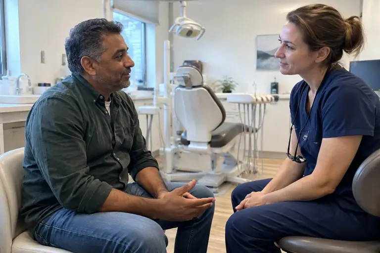Un patient adulte parle avec une dentiste avant un examen