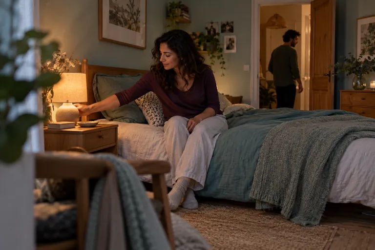 Une femme assise sur un lit touche une lampe de chevet