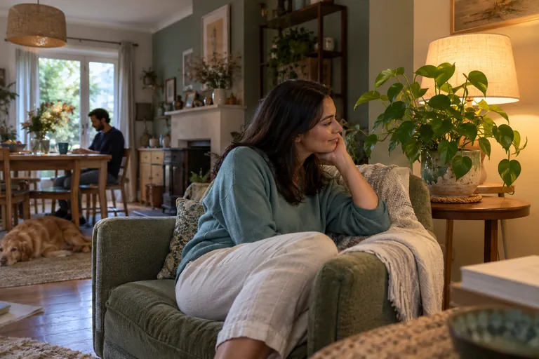 Une femme assise dans un fauteuil regarde une plante près d’une lampe