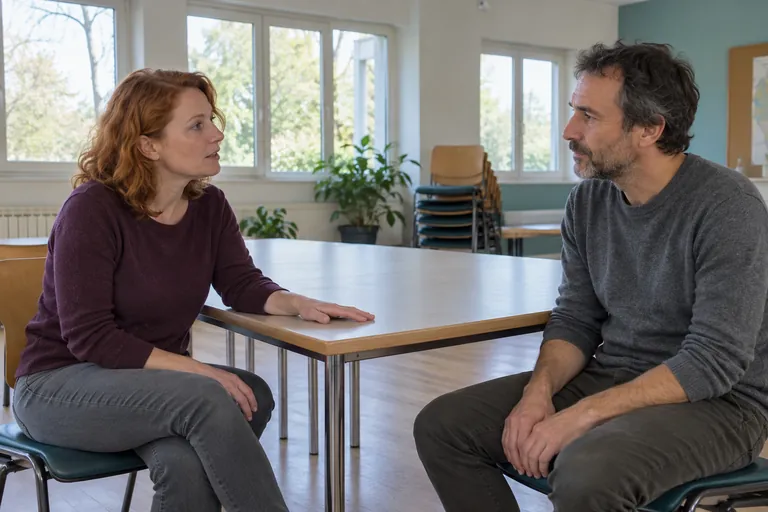Deux adultes discutent assis près d’une table dans une salle commune.