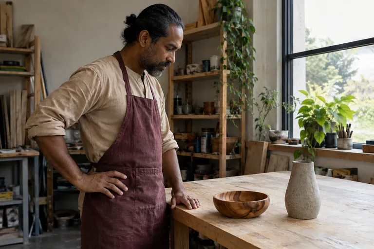 Un homme en tablier regarde un bol en bois et un vase sur un établi.