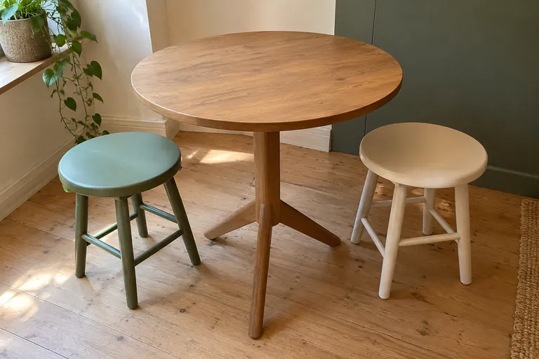 Deux tabourets de couleurs différentes sont placés près d’une table ronde.