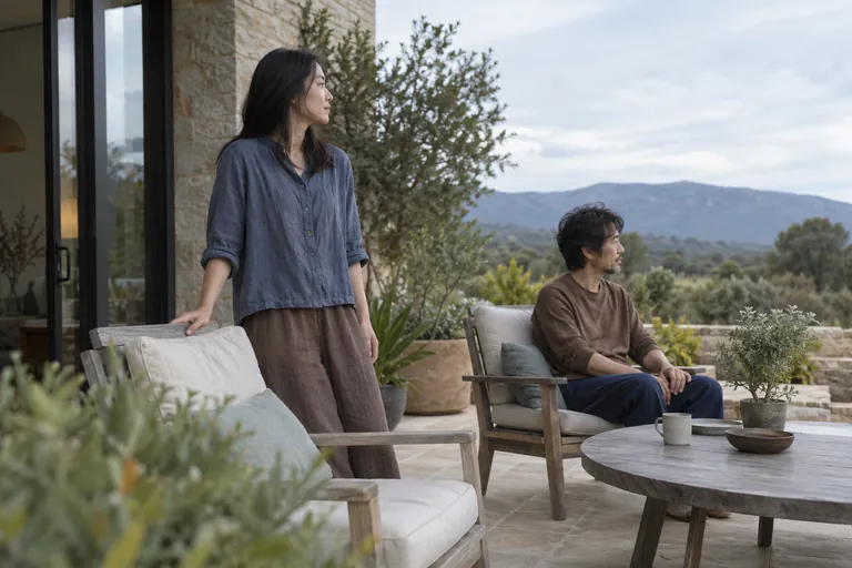 Deux adultes regardent le paysage depuis une terrasse, l’un assis et l’autre debout.