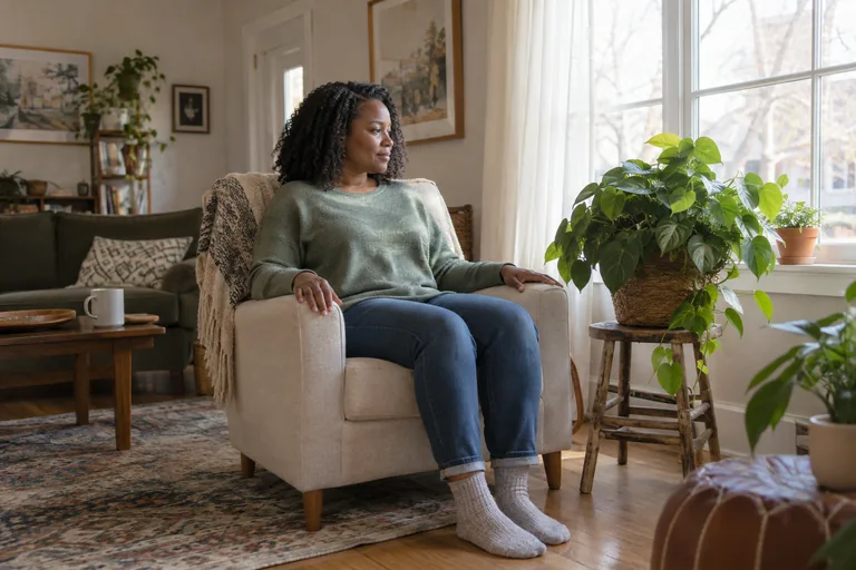 Une femme en pull vert assise près d’une fenêtre, les mains sur les accoudoirs
