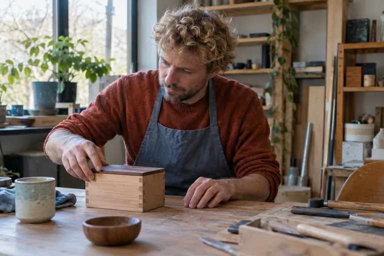 Un homme en tablier observe une petite boîte en bois sur un établi.