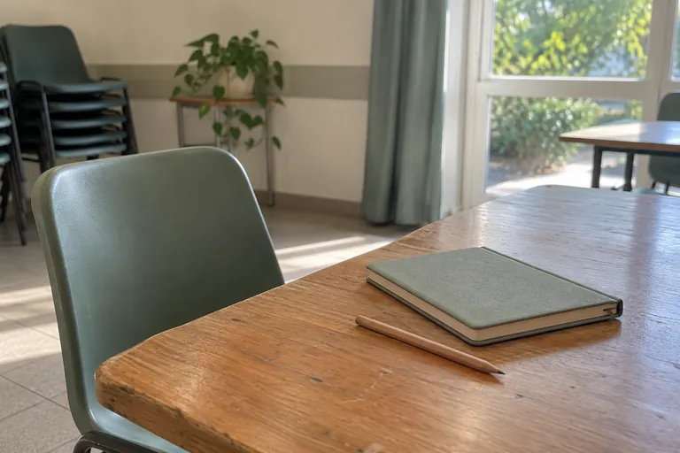 Un carnet fermé et un crayon reposent sur une table près d’une chaise vide.