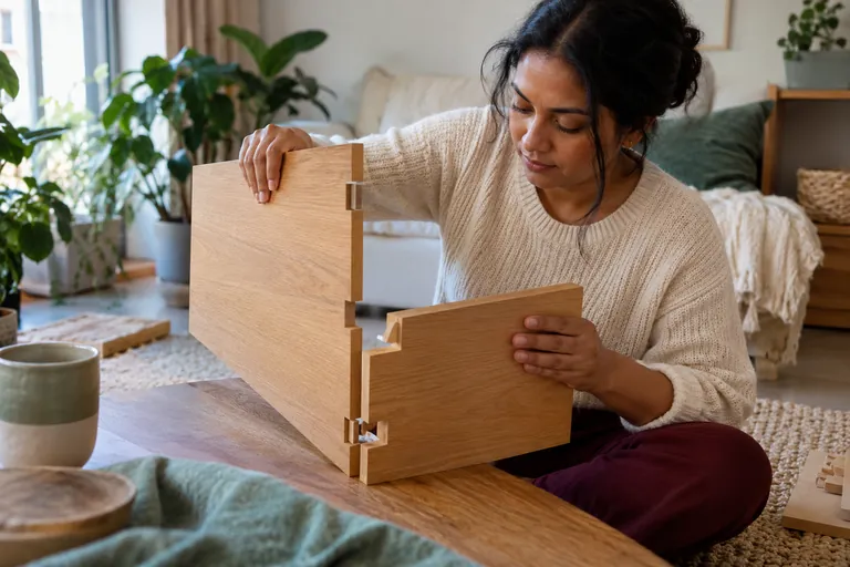 Une femme assemble deux panneaux en bois sur une table.