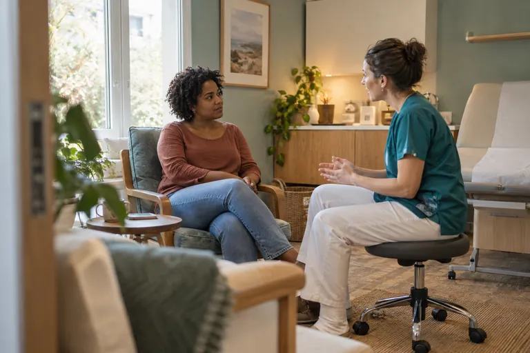 Une femme assise écoute une soignante dans une salle de consultation