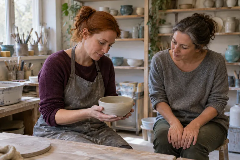 Deux femmes observent un bol tenu par l’une d’elles dans un atelier de poterie.