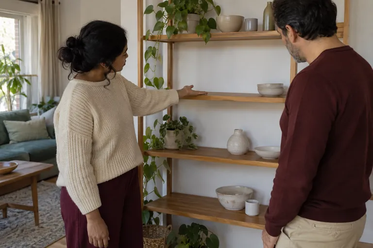 Une femme indique une place sur une étagère à un homme debout à côté.
