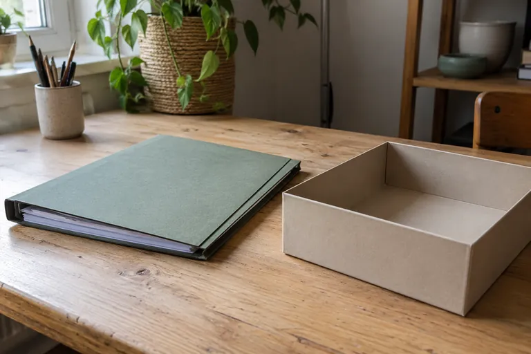 Un dossier fermé et une boîte ouverte vide reposent sur une table.