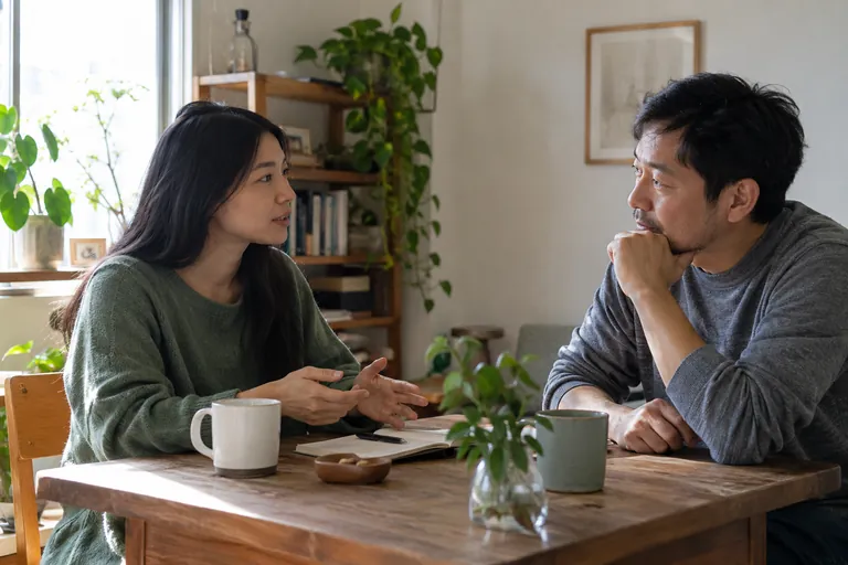 Deux adultes discutent autour de tasses et d’un carnet ouvert.
