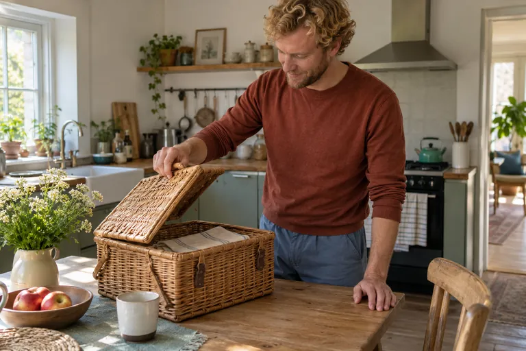 Un homme soulève le couvercle d’un panier en osier posé sur une table de cuisine.