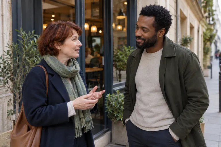 Deux adultes discutent devant un café