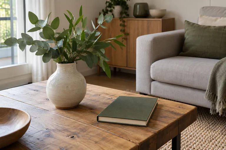 Un vase de feuilles et un carnet fermé sont posés dans un salon