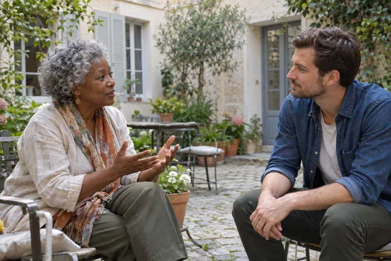 Deux adultes discutent dans une cour avec des plantes