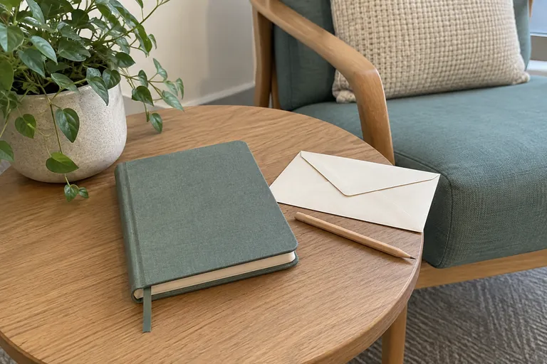 Un carnet fermé, une enveloppe et un crayon reposent sur une petite table près d’un fauteuil.