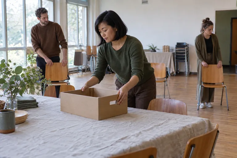 Trois personnes rangent des chaises et une boîte dans une salle commune.