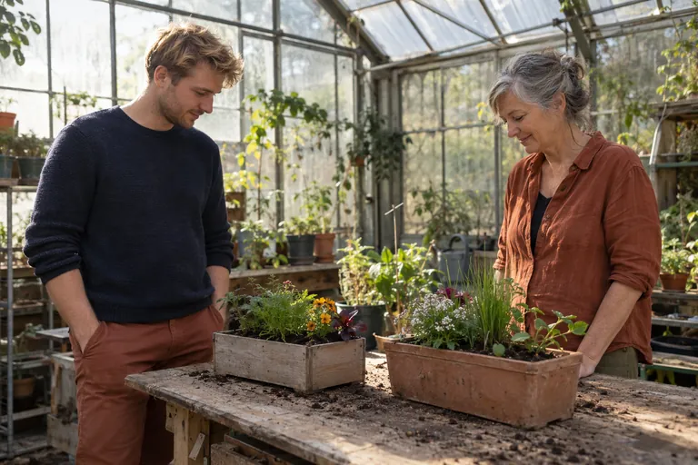 Une femme et un homme regardent des jardinières dans une serre.