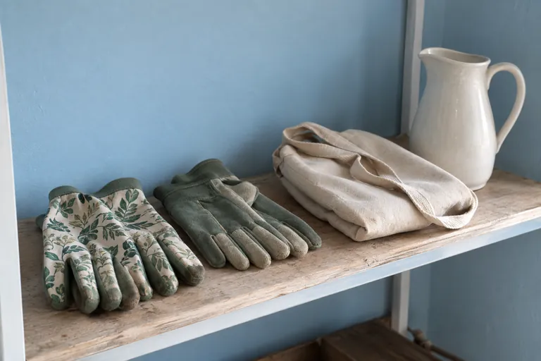Deux paires de gants, un sac plié et une carafe reposent sur une étagère.