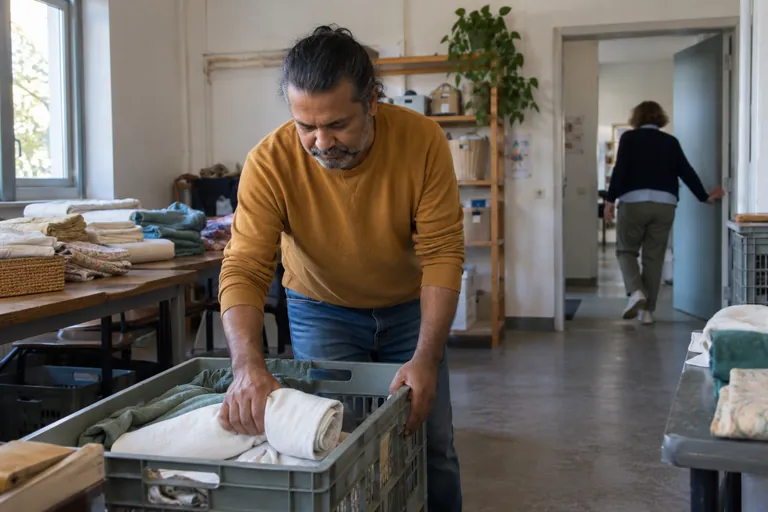 Un homme range du linge dans une caisse dans une salle collective.