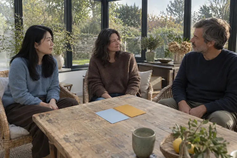 Trois adultes discutent à une table où sont posées deux cartes de couleur unie.