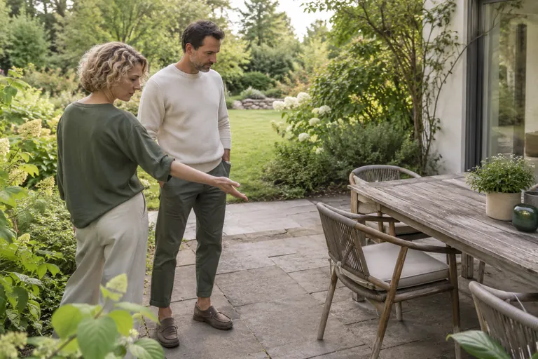 Une femme indique une chaise et une table de terrasse à un homme debout à ses côtés.
