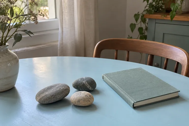 Trois galets et un carnet fermé reposent sur une table bleue.