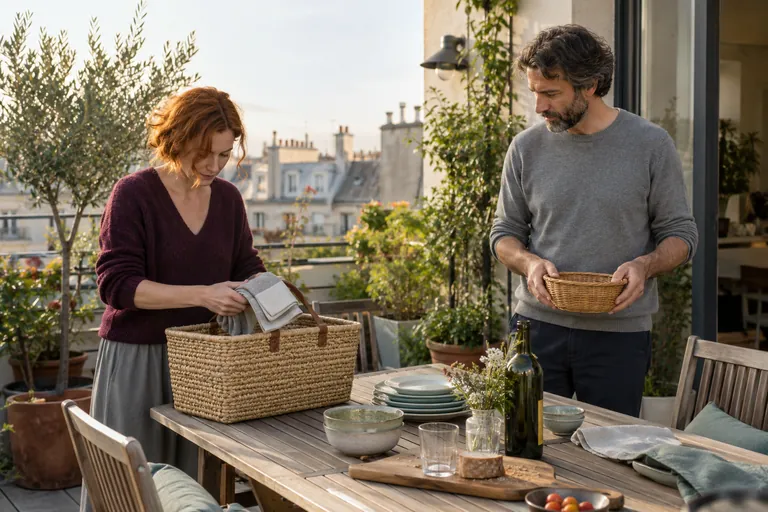 Deux adultes préparent ensemble une table de terrasse avec des paniers et de la vaisselle.