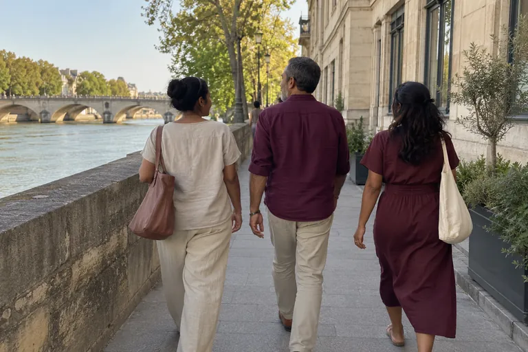Trois adultes vus de dos marchent sur un quai au bord d’une rivière.