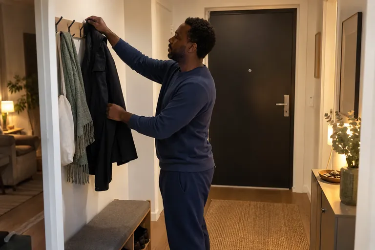 Un homme accroche un manteau dans l’entrée de son logement.