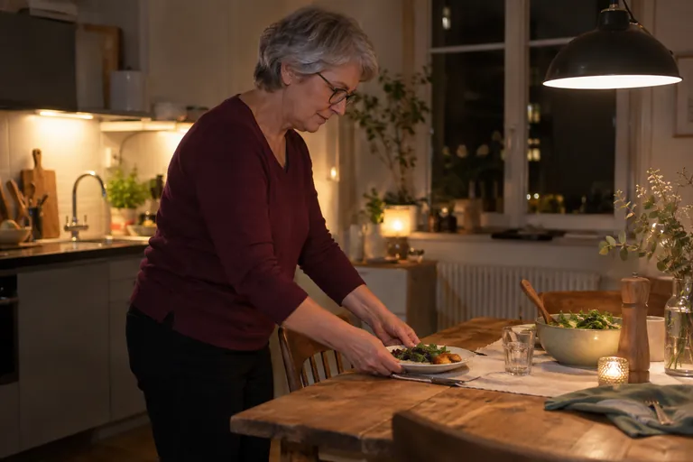 Une femme pose une assiette sur une table de cuisine le soir.
