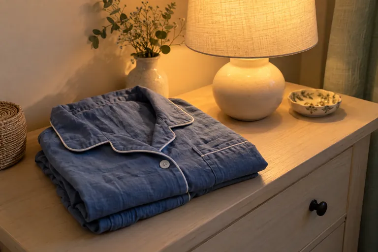 Un pyjama plié repose sur une commode près d’une lampe.