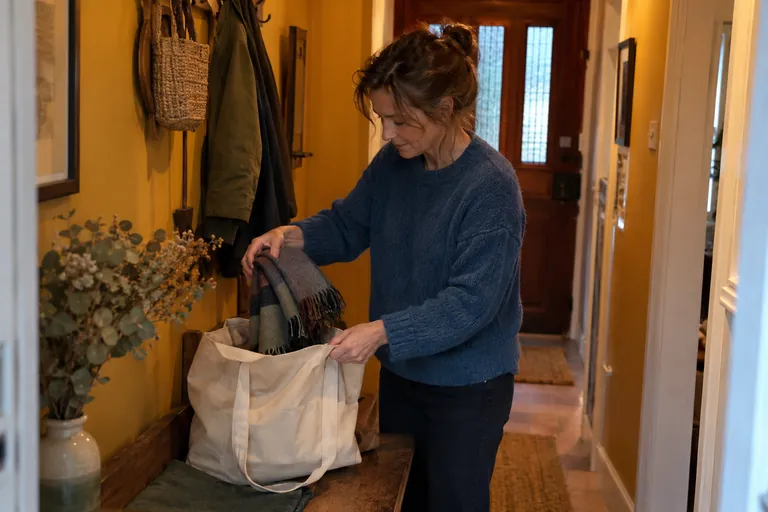 Une femme range une écharpe dans un sac en tissu posé sur un banc d’entrée.