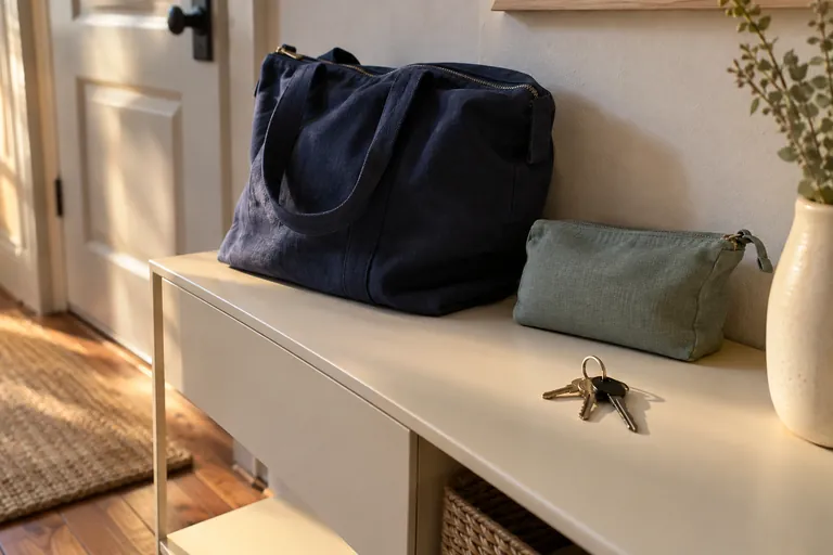 Un sac fermé, une petite pochette et des clés reposent sur un meuble d’entrée.