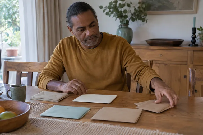 Un homme trie des enveloppes sur une table.