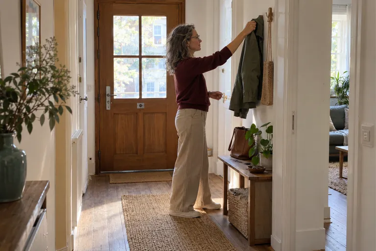 Une femme prend une veste accrochée dans l’entrée de son logement.